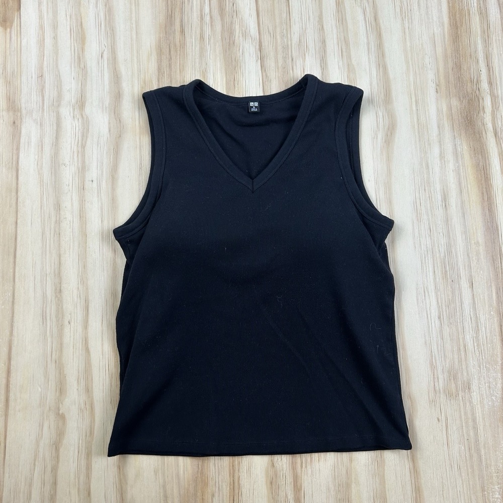 Uniqlo Women's Black Built In Bra V Neck Fitted Tank Top XL